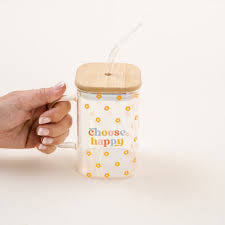 Choose Happy Glass Cup with Handle