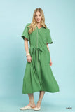 Umgee Button-Down Midi Dress with Waist Tie in Sage