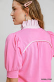 Umgee Puff Sleeve Contrast Collar Knit Top in Bubble Pink