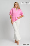 Umgee Puff Sleeve Contrast Collar Knit Top in Bubble Pink