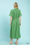 Umgee Button-Down Midi Dress with Waist Tie in Sage