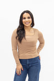 Grace + Emma Square Neck Long Sleeve Top, Tan