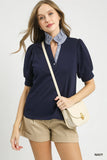 Umgee Puff Sleeve Contrast Collar Knit Top in Navy