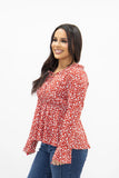 Grace + Emma Peplum Blouse with Ruffle Detail, Red Floral