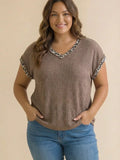 Leopard Color Block Wave Rib Knit Top