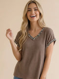 Leopard Color Block Wave Rib Knit Top