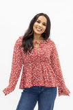 Grace + Emma Peplum Blouse with Ruffle Detail, Red Floral