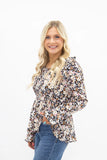 Grace + Emma Peplum Blouse with Ruffle Detail, Black Floral