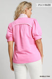 Umgee Puff Sleeve Contrast Collar Knit Top in Bubble Pink
