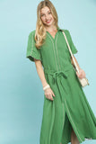 Umgee Button-Down Midi Dress with Waist Tie in Sage