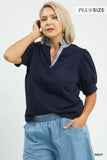 Umgee Puff Sleeve Contrast Collar Knit Top in Navy