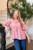 Grace + Emma PUFF SLEEVE TIE-FRONT BLOUSE, BLUSH GINGHAM