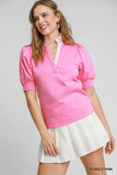 Umgee Puff Sleeve Contrast Collar Knit Top in Bubble Pink