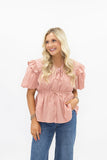 Grace + Emma PUFF SLEEVE TIE-FRONT BLOUSE, BLUSH GINGHAM