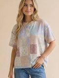 Crew Neck Button Down Patchwork Cardigan