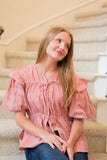 Grace + Emma PUFF SLEEVE TIE-FRONT BLOUSE, BLUSH GINGHAM