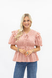 Grace + Emma PUFF SLEEVE TIE-FRONT BLOUSE, BLUSH GINGHAM
