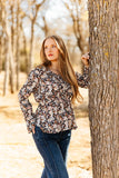 Grace + Emma Peplum Blouse with Ruffle Detail, Black Floral