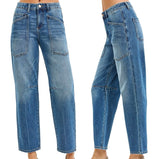 RISEN 4 Way Stretch Mid Rise Barrel Jeans with Patch Pocket Detail