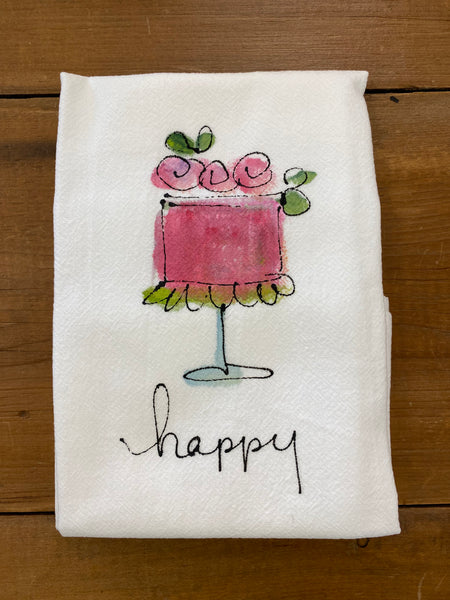Painting Petunias art on a towel Happy with cake