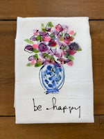 Painting Petunias art on a towel Be Happy flowers in a vase