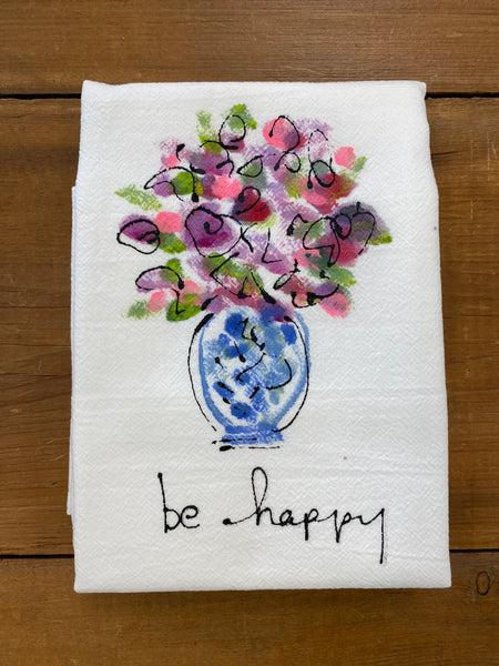 Painting Petunias art on a towel Be Happy flowers in a vase