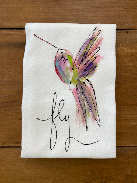 Painting Petunias art on a towel Fly Hummingbird