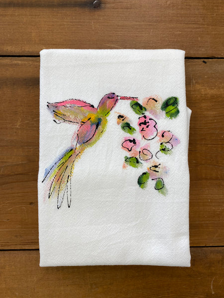 Painting Petunias art on a towel Hummingbird and Flowers