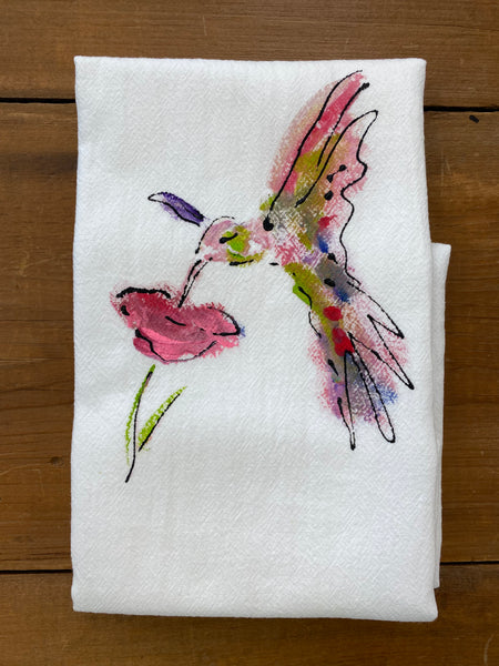 Painting Petunias art on a towel Hummingbird & Pink Flower