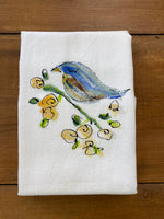 Painting Petunias art on a towel Blue Bird on branch with flowers