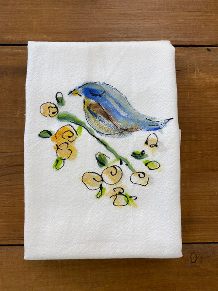 Painting Petunias art on a towel Blue Bird on branch with flowers