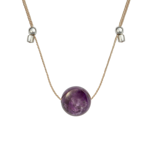 Crystal Ball Silk Slider - 10mm Gemstone Necklace - Amethyst