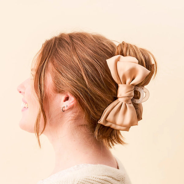 Satin Bow Claw Clip - Beige