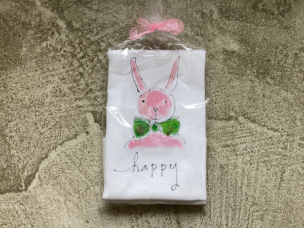 Painting Petunias art on a towel Happy Green Bow Tie Bunny