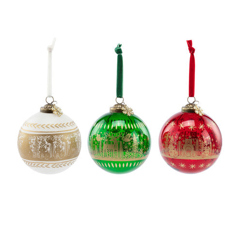 Red, Green, and White Winter Scene Gold Foil Glass Ornaments
