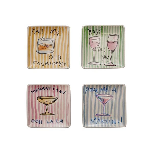 Hazel Mazel Stoneware Striped Plate with Cocktail Image & Saying