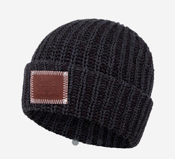 Black Classic Leather Patched Cuffed Beanie
